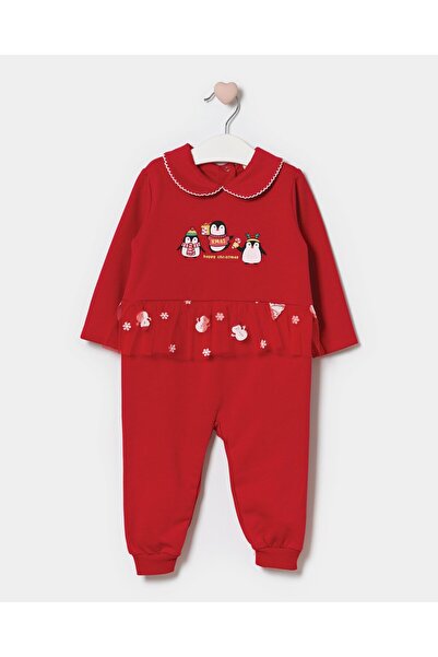 Magu Baby Girl Cotton Red Penguin Themed Christmas Romper - Ruffled Tulle Skirt Detail