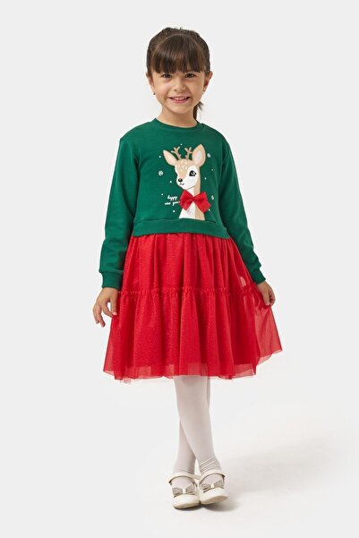Magu Σετ κοριτσίστικο φούτερ με βαμβακερή επένδυση με σχέδιο πράσινου ελαφιού και κόκκινη φούστα από τούλι - Χριστουγεννιάτικο Σετ