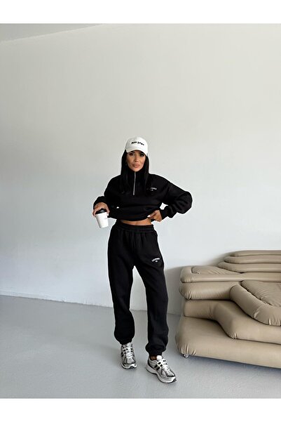 My Loore Women's Navy Blue Half Zipper Sweatshirt and Sweatpants Set