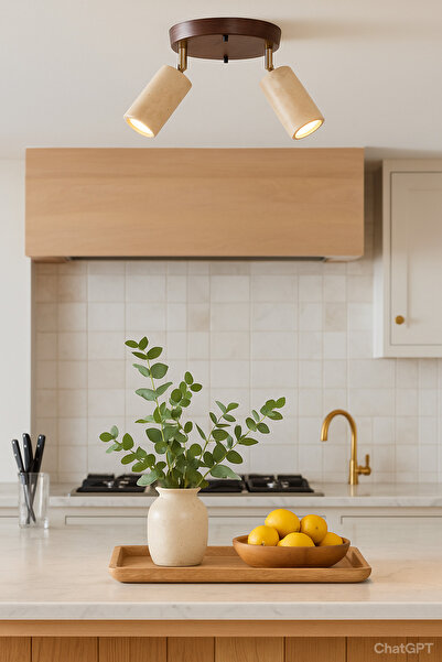 Baz Aydınlatma Traverten ve Ceviz 2li Yuvarlak Mermer Avize