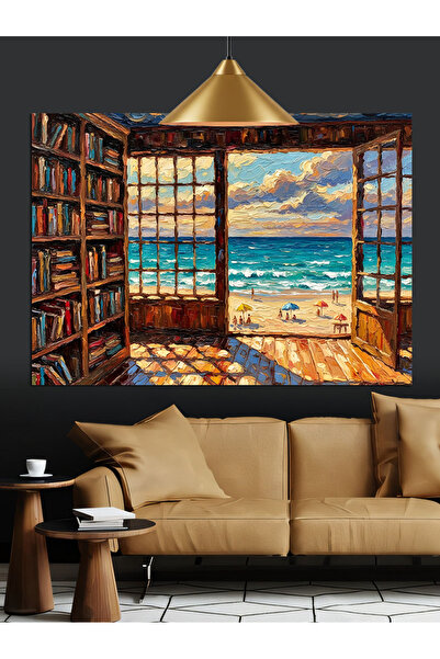 KanvasSepeti Fereastra bibliotecii Peisaj marin Pictură în ulei Texturată Pân...