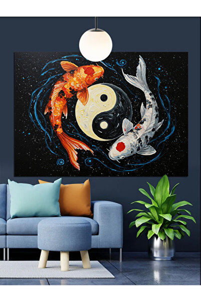 Artmeg Yin Yang Koi Balığı Sembolü Dekoratif Kanvas - Mdf Ahşap Tablo