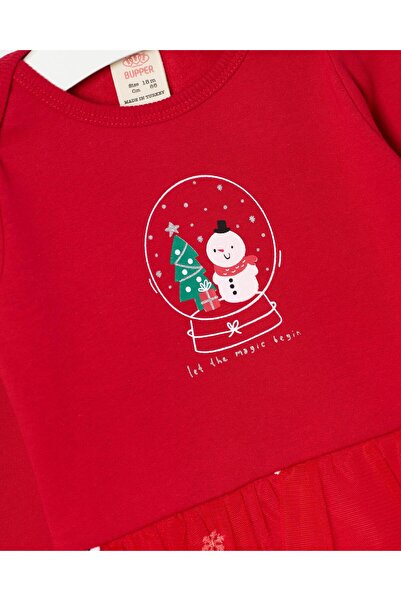 Magu Baby Girl Cotton Red Snowman Themed Tulle Skirted Bodysuit Set - with Headband Accessory