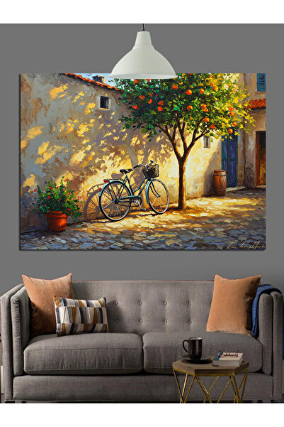 Artmeg Bahçede Bisikletli Ağaç Gölgesi Dekoratif Kanvas - Mdf Ahşap Tablo