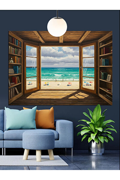 KanvasSepeti Prozor sa policama za knjige Visokokvalitetna uljana slika Tekst...