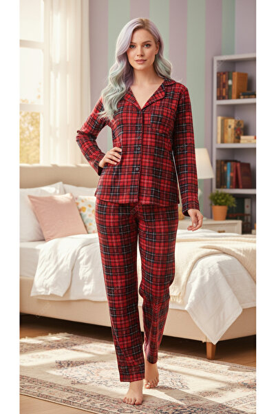 POLKAN Ekose Boydan Düğmeli Pijama Takım Süet Kumaş