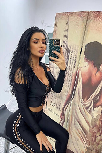 MİROR Women's Black Lace Detailed Shiny Fabric and Stylish Set