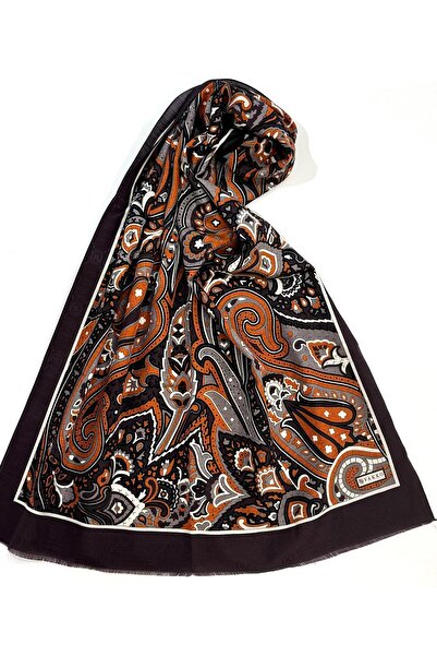 Vakko Cotton Silk Patterned Shawl 41713-Dark Brown