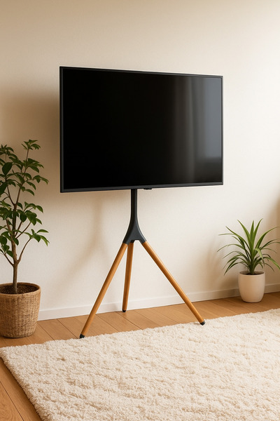 MARIA HOMES حامل تلفزيون ثلاثي القوائم من الخشب الأسود الداكن - حامل أرضي عصر...