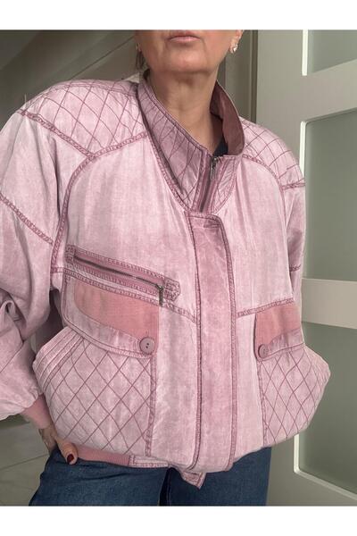 Retrokare Kapitone İpek Pembe Bomber Mont
