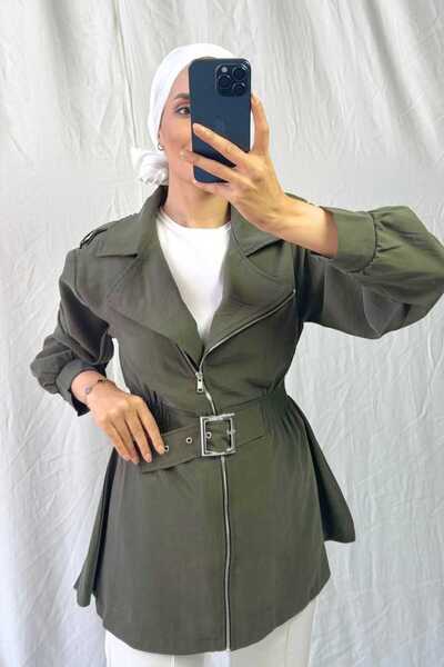 Asya Karen Drawstring Waist Zippered Front Belted Trench Coat