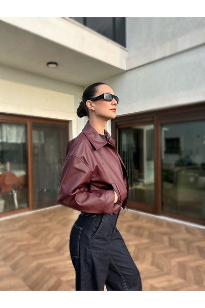 COJIKO Women's Bomber Leather Jacket with Elastic Waist
