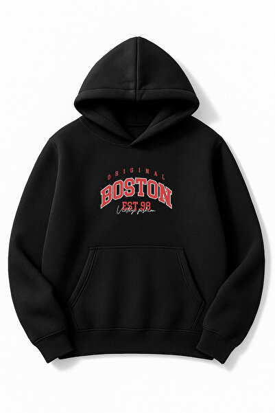 Altair Tr سويت شيرت أسود قصة فضفاضة للجنسين بوسطن مطبوع بغطاء رأس