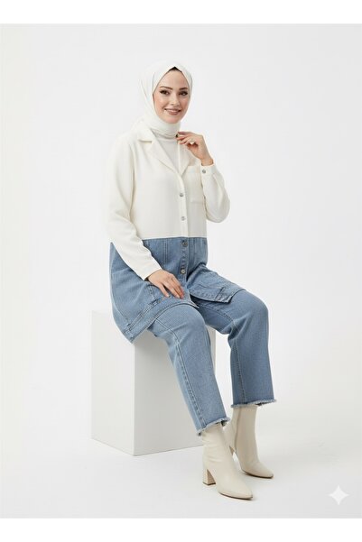 Kırmızı iz Kot (Denim) ve Kumaş Detaylı İkili Takım | Klasik Yaka Uzun Ceket ve Pantolon | Tesettür Giyim