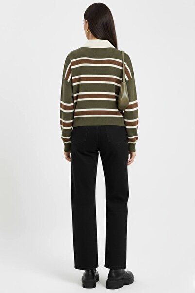 EMMAS CLOTHİNG Striped Buttoned Polo Neck Women's Knitwear Sweater