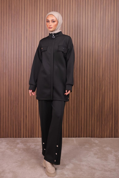 Mogi Butik Γυναικείο παντελόνι κατάδυσης με λεπτομέρεια με κουμπιά oversized ...