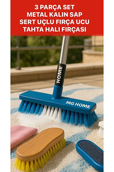 MG HOME 3 Parça Tahta Halı Fırça ve Sert Fırça Metal Kalın Sap Halı Temizleme Fırçası Halı Koltuk Balkon