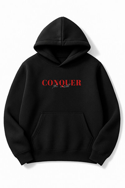 Altair Tr سويت شيرت أسود قصة فضفاضة للجنسين كونكر مطبوع بغطاء رأس