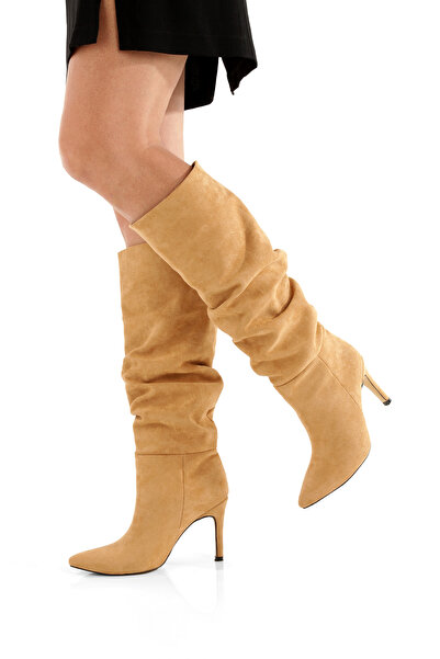 PAYZİN „ESRA” Camel piele întoarsă Cizme cu vârf ascuțit, toc subțire de 9 cm...