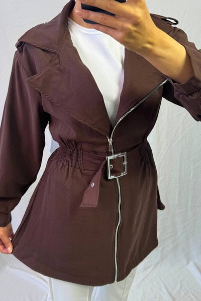 Asya Karen Drawstring Waist Zippered Front Belted Trench Coat