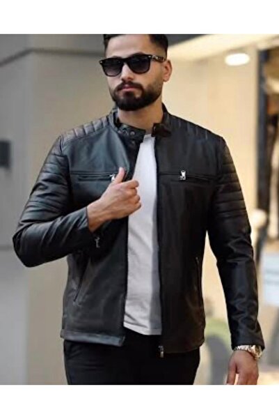 ATKGİYİM Men's Black Leather Coat Zippered Biker Jacket – Slim Fit , Modern D...