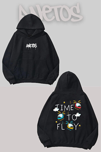 Anetos Time To Fly Rucsac cu imprimeu Negru cu glugă Swea tricou