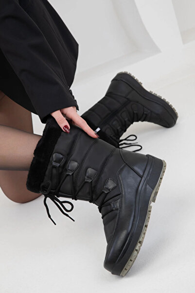 KALKANSHOES Kadin Siyah BagciklI Fermuarli Suya Dayanikli Kaymaz Taban Kar Bo...