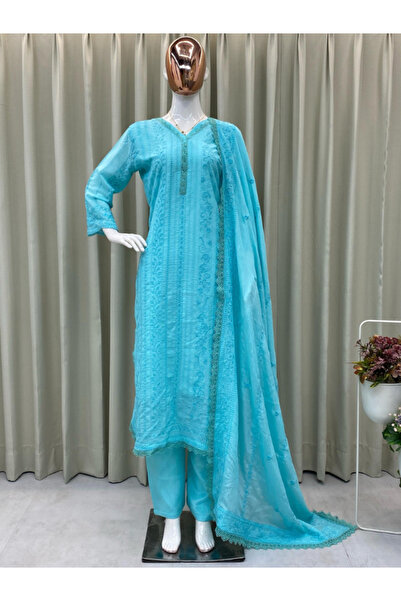 MYSMAR Blue Chinon Salwar Kameez Dupatta - HRT4082 | Blue