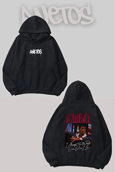Anetos Scarface 3 Sırt cu imprimeu Negru cu glugă Swea tricou