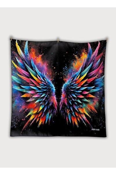 POZİTİF MRK Wing Patterned Black Twill Satin Scarf 70Cmx70Cm