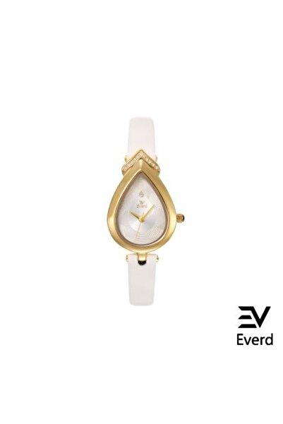 everd | ساعة نسائية بتصميم أنيق، حزام أبيض، مينا أبيض وإطار ذهبي
