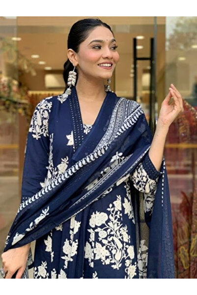 MYSMAR Blue Viscose Cotton Salwar Kameez Dupatta - ALV2020 | Blue