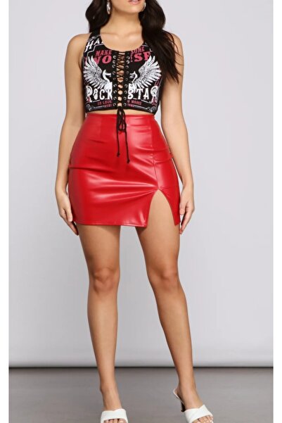 MAROVOAY Faux Leather Red Slit Miniskirt with Elastic Waist