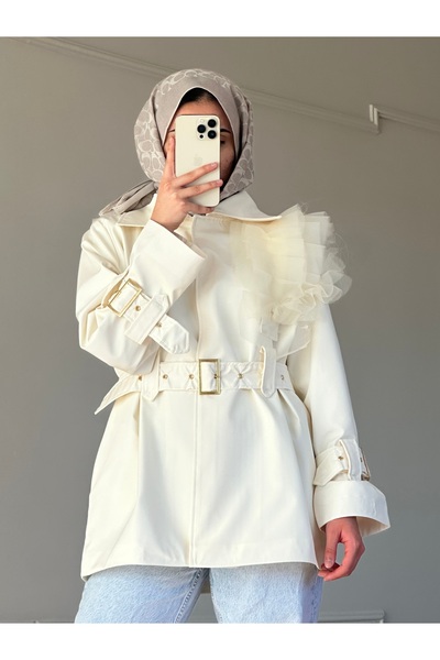 Saay Fırfır Detaylı Kemerli Şık Kadın Trençkot