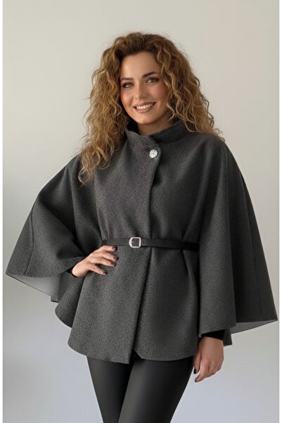 Melff Women's Silver Button Detailed Belted Cape Poncho
