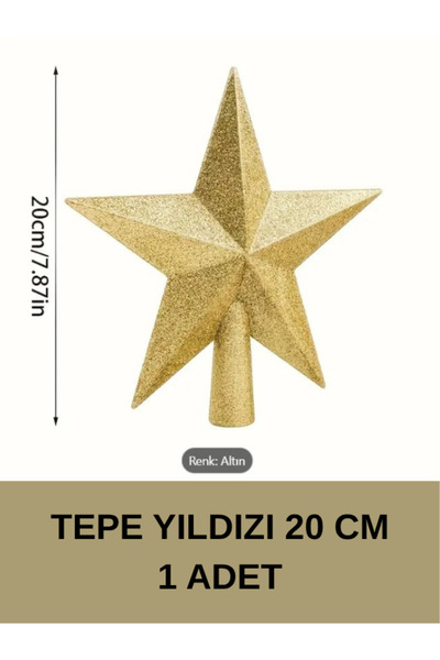 madamini 1 Adet Yılbaşı Ağaç Yıldızı, 20 Cm Tepe Yıldızı, Çam Ağacı Süsü, Yıldız Süs Gold, Simli Tepe Yıldızı