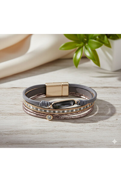 Kaan Accessoire سوار من الجلد الرمادي متعدد الطبقات