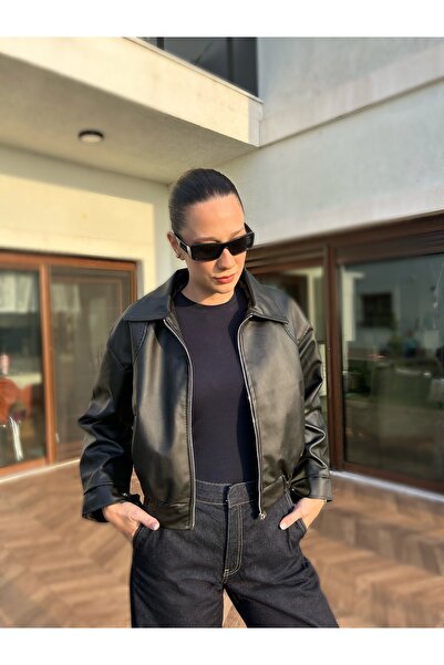 COJIKO Women's Bomber Leather Jacket with Elastic Waist