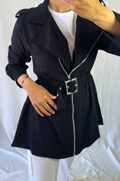 Asya Karen Drawstring Waist Zippered Front Belted Trench Coat