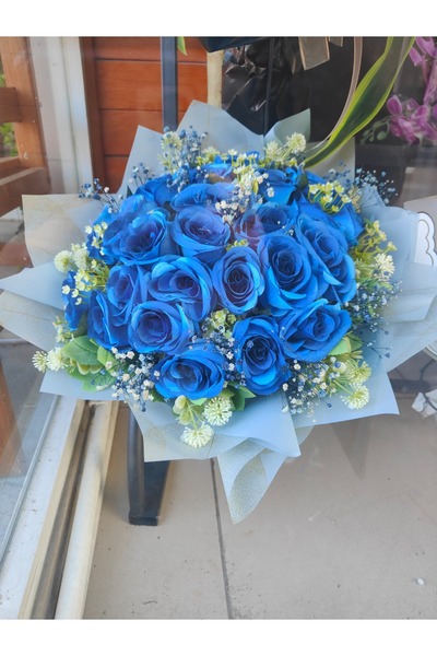 ilksem çiçekçilik Lüks Mavi Ambalajlı Yapay/Sabun Mavi Gül Buketi - Cipsolu K...