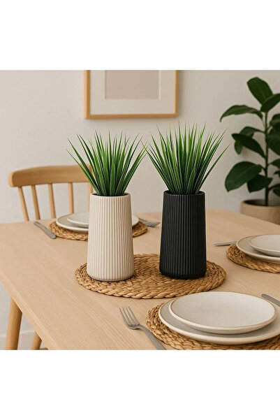 Entude Modern Bohem Çizgili Dekoratif İkili Vazo - Siyah & Krem 20 cm