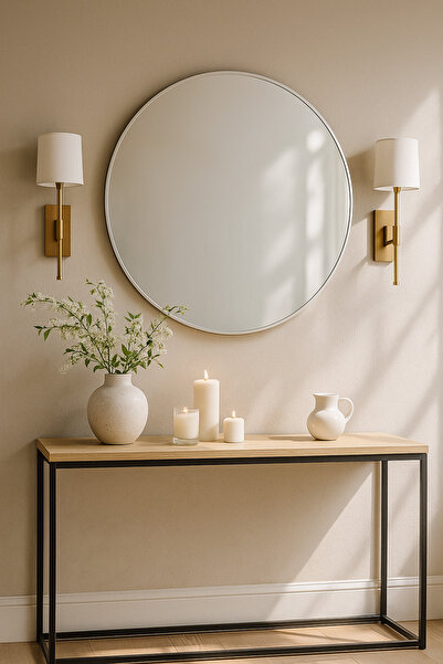 MARIA HOMES مرآة حائط دائرية بإطار فضي - مرآة ديكورية حديثة 80 سم لغرفة المعيشة وغرفة النوم