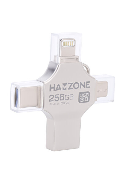 HAMZONE 4-in-1 USB Flash Drive, 256GB – Lightning, Type-C & USB Storage