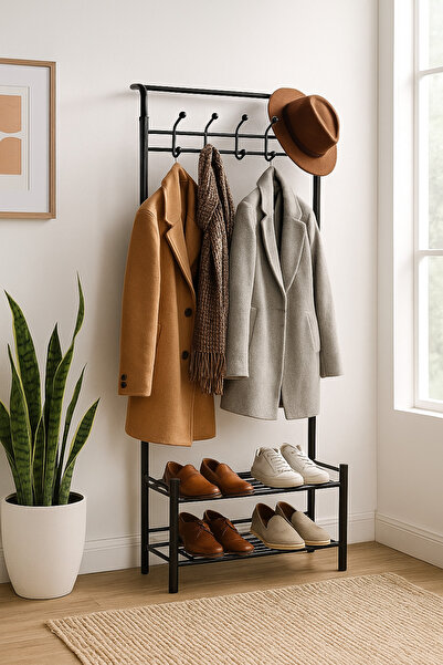 MARIA HOMES علاقة معاطف معدنية مع خطافات ومكان لتخزين الأحذية - أسود 64×28×19...