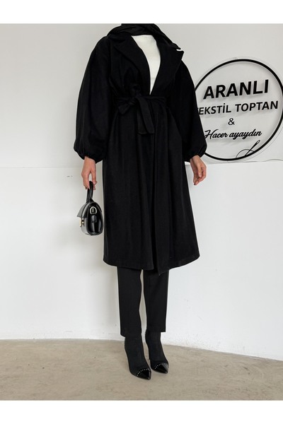 Aranlı tekstil Belted Balloon Sleeve Basic Hijab Coat / Medium Length Women's Hijab Coat