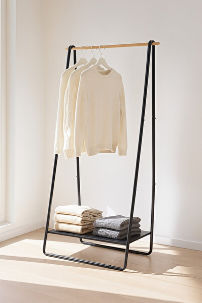 MARIA HOMES حامل ملابس معدني بسيط مع قضيب تعليق خشبي ورف تخزين - أسود