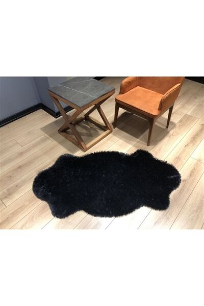 Halımax Tavşan Tüyü Kaymaz Tabanlı Siyah Dekoratif Post Peluş Halı Yatak Odas...