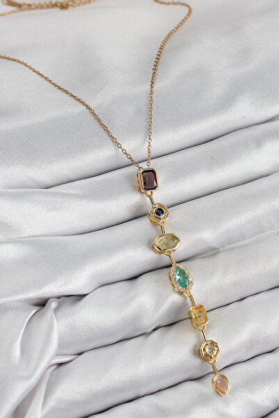 Clariss Brass Row Multi-Colored Stone Long Necklace 7 Elements Necklace