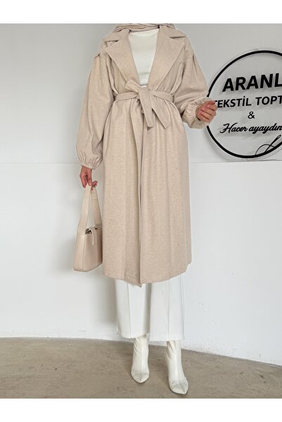 Aranlı tekstil Belted Balloon Sleeve Basic Hijab Coat / Medium Length Women's Hijab Coat