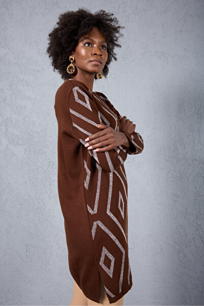 Moda Days Women's Bitter Brown Yan Slit Crew Neck Glitter Patterned Knitwear Blouse